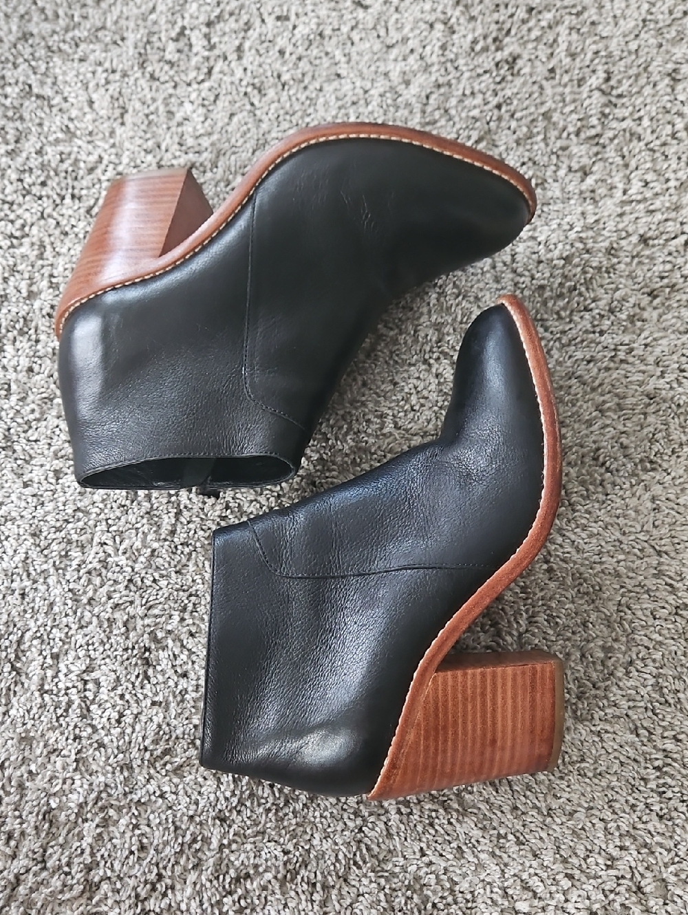 Loeffler Randall Black Leather Ankle Booties with Brown Stacked Heel 7.5